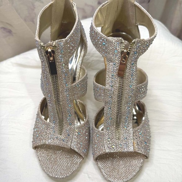 Silver Slipper Mikel Metallic Gold Rhinestone Heel Pumps Sandal Formal Womens 9m - Picture 5 of 9